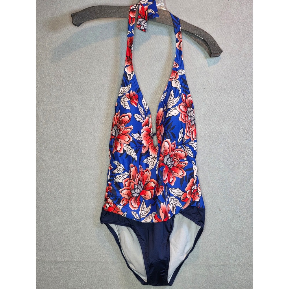 Clean Water Womens Floral Halter One Piece Swimsuit Blue Red Medium NWT